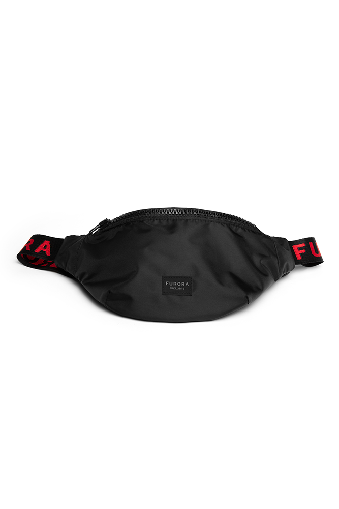 BLACK BUM BAG WITH RED FURORA BELT